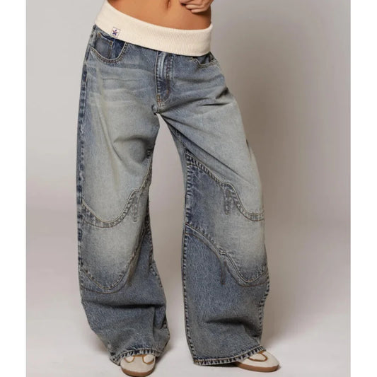 Women’s Y2K Baggy Wide Leg Jeans with Ribbed Waist by Lunirel, featuring relaxed fit, high waist, and stylish ribbed detailing.