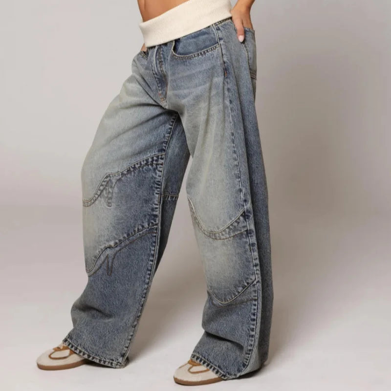 Women’s Y2K baggy wide-leg jeans by Lunirel featuring a ribbed waist and relaxed fit, shown on a model.