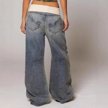 Women’s Y2K baggy wide-leg jeans with ribbed waist from Lunirel, showcasing relaxed fit and stylish high-rise design.