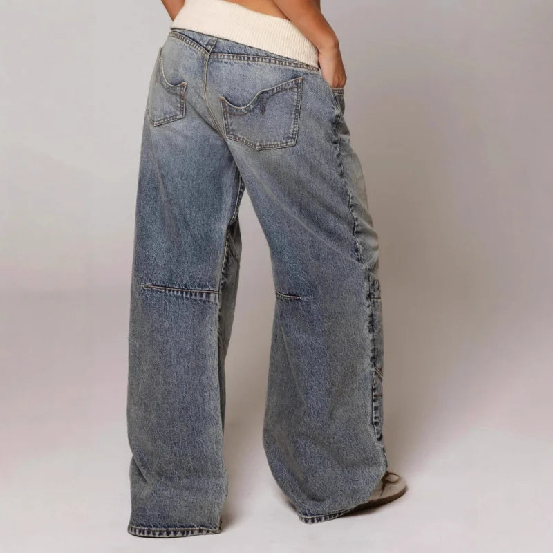 Women’s Y2K baggy wide-leg jeans with ribbed waist by Lunirel, featuring a relaxed fit and stylish design.