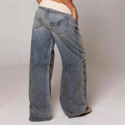 Women’s Y2K baggy wide-leg jeans with ribbed waist by Lunirel, featuring a relaxed fit and stylish design.