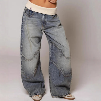 Women's Y2K baggy wide-leg jeans with ribbed waist by Lunirel, featuring relaxed fit and trendy vintage-inspired style.