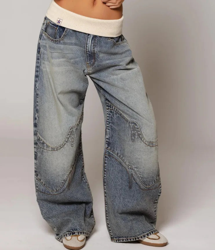 Women’s Y2K baggy wide-leg jeans from Lunirel with ribbed waist and relaxed fit, styled with casual fashion.