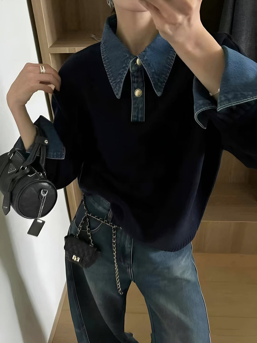 Homixa women's 2-in-1 knit sweater with denim collar, patchwork detail, and long sleeves, showcasing stylish and cozy design.