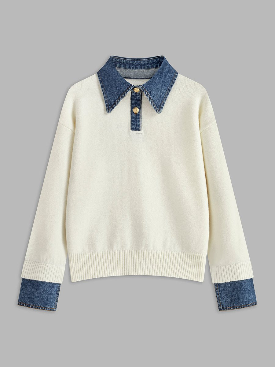 Homixa women's 2-in-1 knit sweater with denim collar, patchwork details, and long sleeves, styled for casual wear.