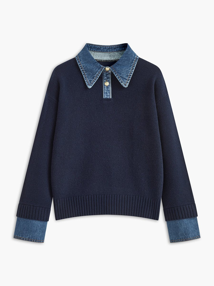Women's 2-in-1 knit sweater by Homixa featuring denim collar, patchwork detail, and long sleeves, worn by a model.