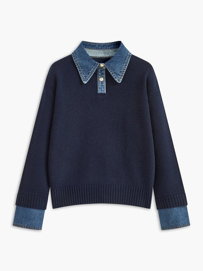 Women's 2-in-1 knit sweater by Homixa featuring denim collar, patchwork detail, and long sleeves, worn by a model.