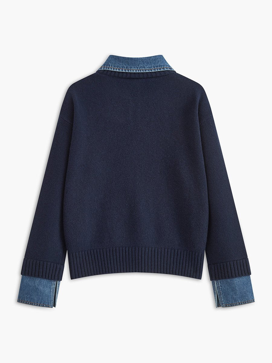 Homixa women's 2-in-1 knit sweater with denim collar, patchwork detail, and long sleeves, styled casually.