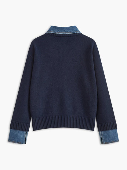 Homixa women's 2-in-1 knit sweater with denim collar, patchwork detail, and long sleeves, styled casually.
