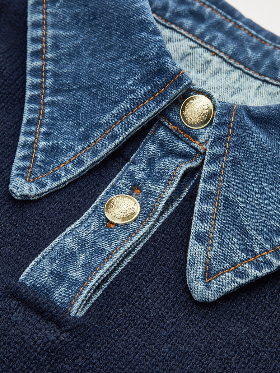 Women's 2-in-1 knit sweater by Homixa featuring a denim collar, patchwork details, and long sleeves in a cozy, stylish design.