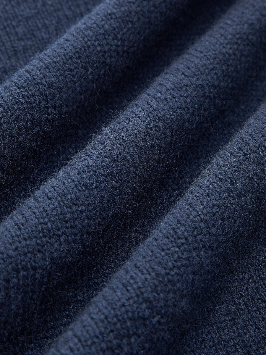 Homixa women's 2-in-1 knit sweater with denim collar, patchwork details, and long sleeves, shown on a model.