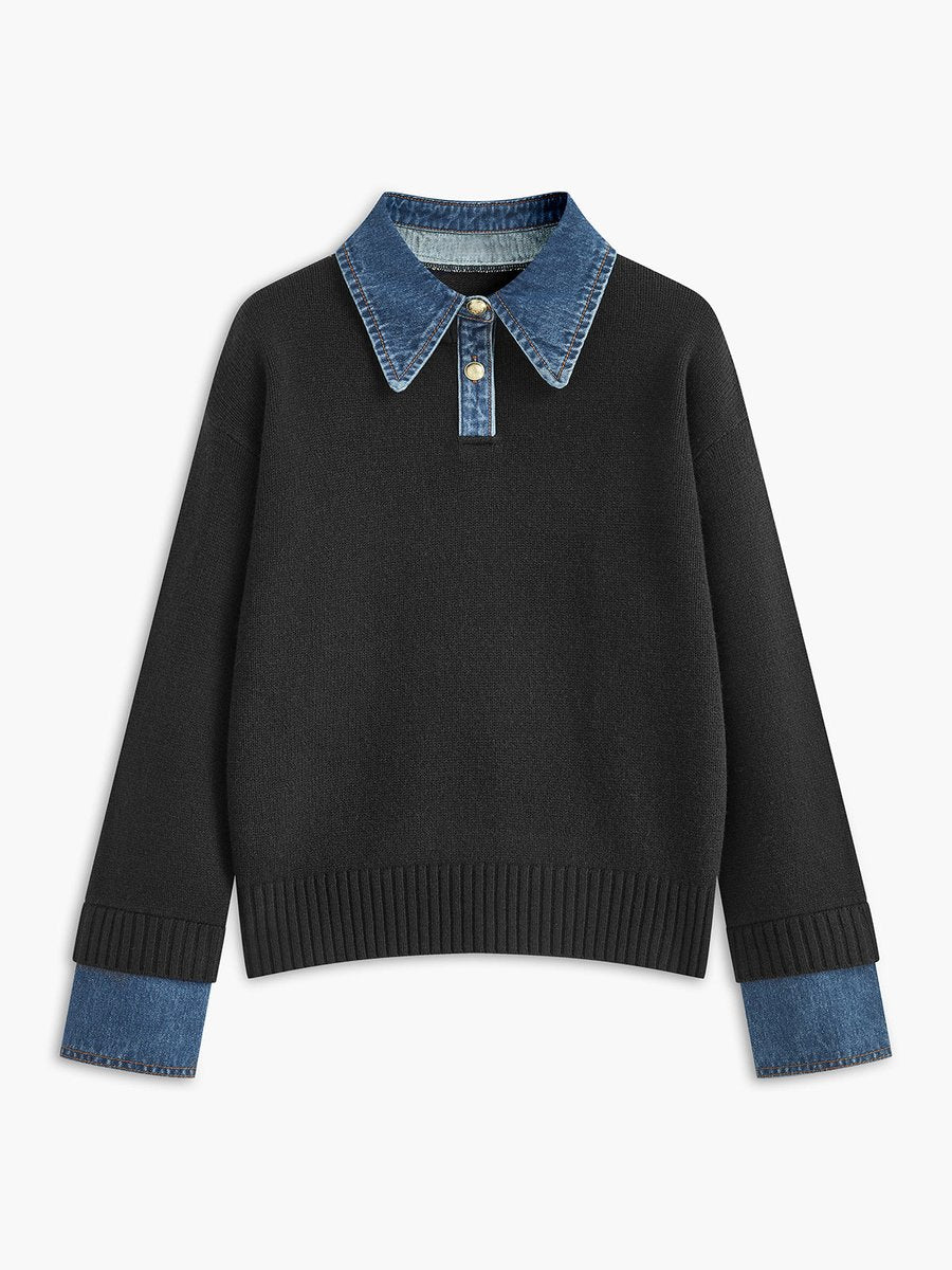 Homixa women's 2-in-1 knit sweater with denim collar, patchwork details, and long sleeves, showcasing stylish casual wear.