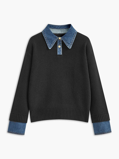 Homixa women's 2-in-1 knit sweater with denim collar, patchwork details, and long sleeves, showcasing stylish casual wear.
