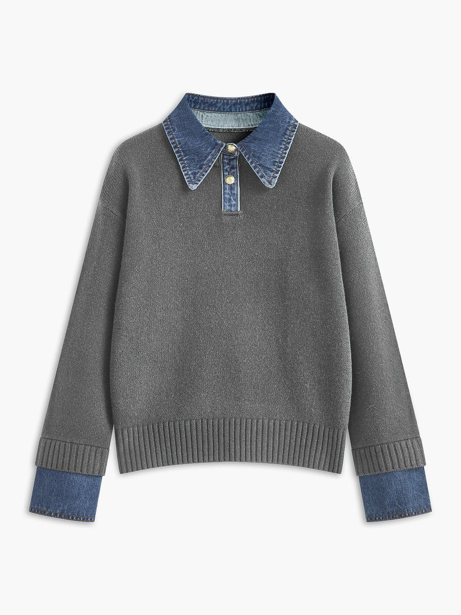Homixa women's 2-in-1 knit sweater with denim collar, patchwork details, and long sleeves, styled casually.