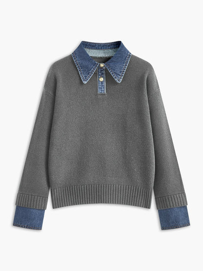 Homixa women's 2-in-1 knit sweater with denim collar, patchwork details, and long sleeves, styled casually.