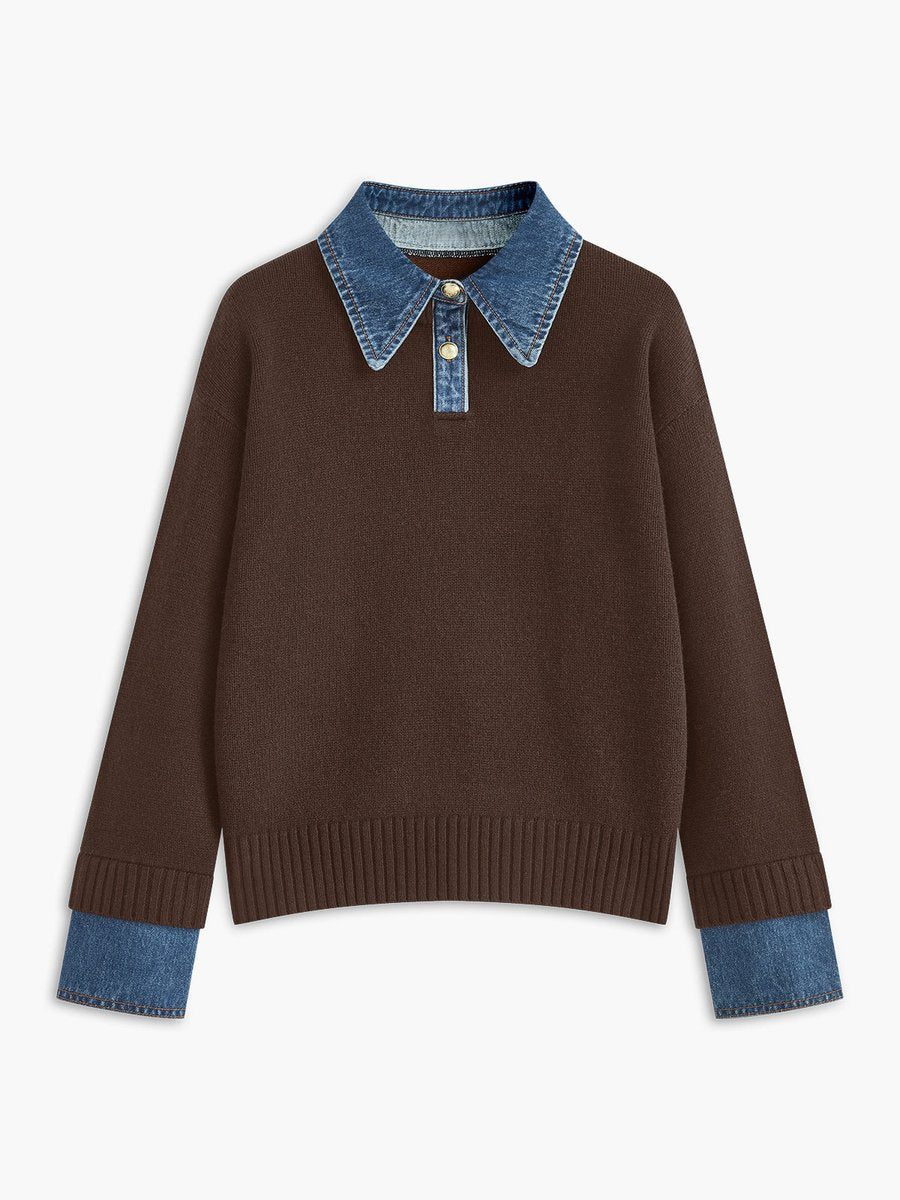 Homixa women's 2-in-1 knit sweater with denim collar, patchwork detail, and long sleeves, showcasing stylish and cozy design.