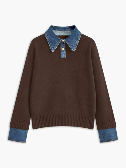 Homixa women's 2-in-1 knit sweater with denim collar, patchwork detail, and long sleeves, showcasing stylish and cozy design.