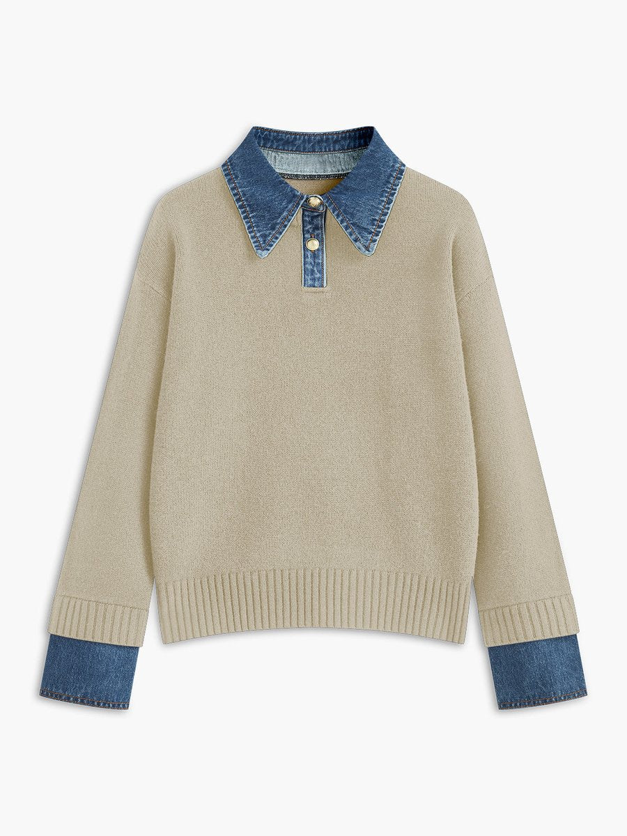 Women’s 2-in-1 knit sweater by Homixa featuring a denim collar, patchwork details, and long sleeves.