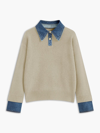 Women’s 2-in-1 knit sweater by Homixa featuring a denim collar, patchwork details, and long sleeves.