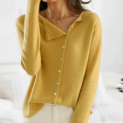 Women’s asymmetric V-neck cardigan by Homixa featuring soft knit fabric and pearl-tone buttons, front button closure.