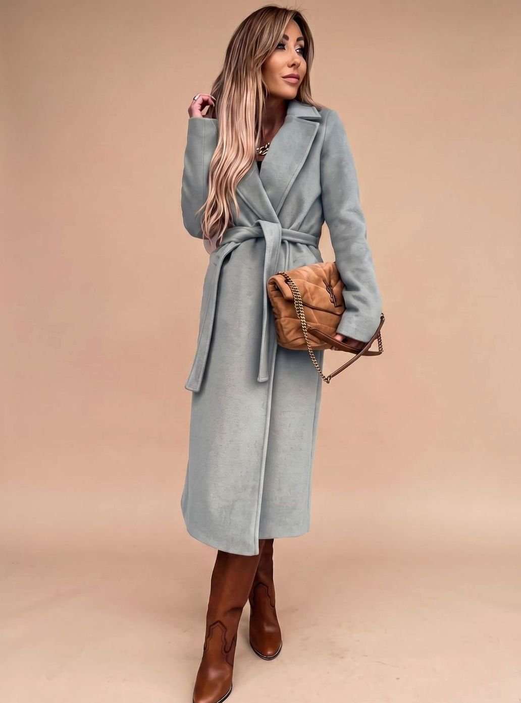 Women's belted knee-length trench coat by Homixa featuring notched lapels and a warm wool-blend fabric.
