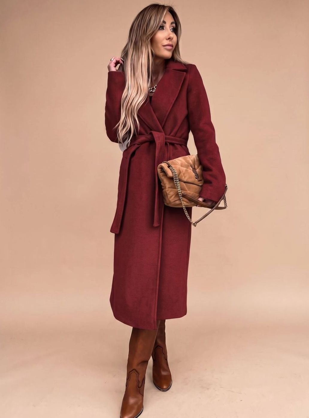 Women's belted knee-length trench coat with notched lapels and wool-blend fabric, stylish and warm outerwear by Homixa.