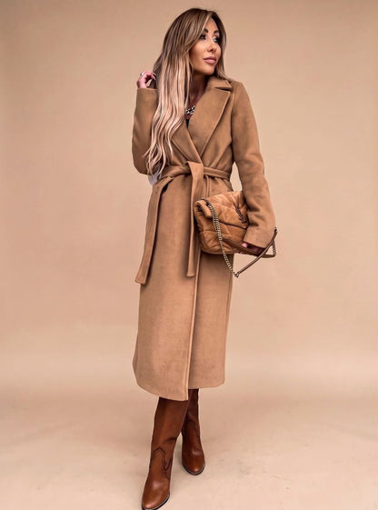 Women's belted knee-length trench coat with notched lapels and wool-blend fabric, stylish outerwear by Homixa.