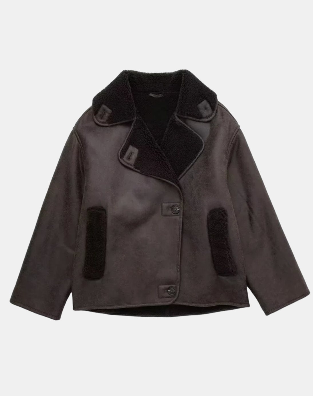 Women's faux suede biker jacket by Homixa with sherpa collar and button front, shown on a model with a stylish urban background.
