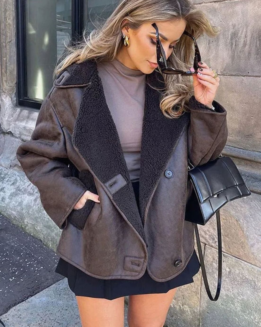 Women's Homixa faux suede biker jacket with sherpa collar and button front, stylish and warm for casual wear.