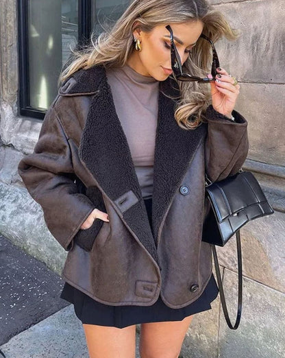 Women's Homixa faux suede biker jacket with sherpa collar and button front, stylish and warm for casual wear.