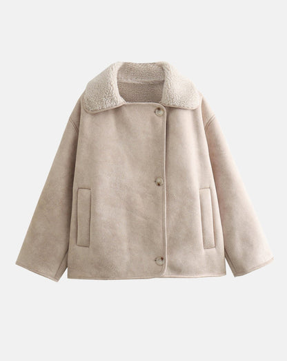 Women's faux suede biker jacket by Homixa featuring a Sherpa collar and button front, stylish and warm outerwear.