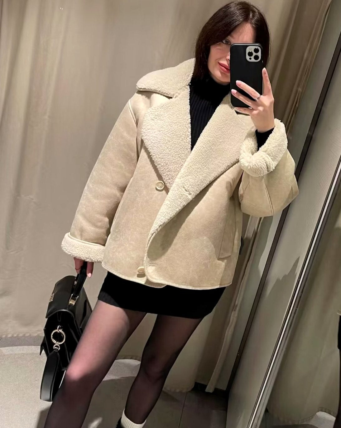 Women's Homixa faux suede biker jacket with sherpa collar and button front, stylish and cozy for casual wear.