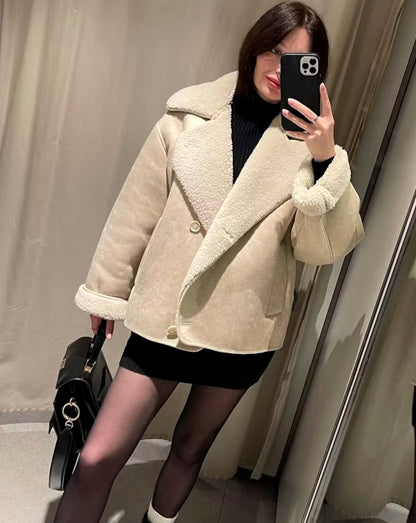Women's Homixa faux suede biker jacket with sherpa collar and button front, stylish and cozy for casual wear.