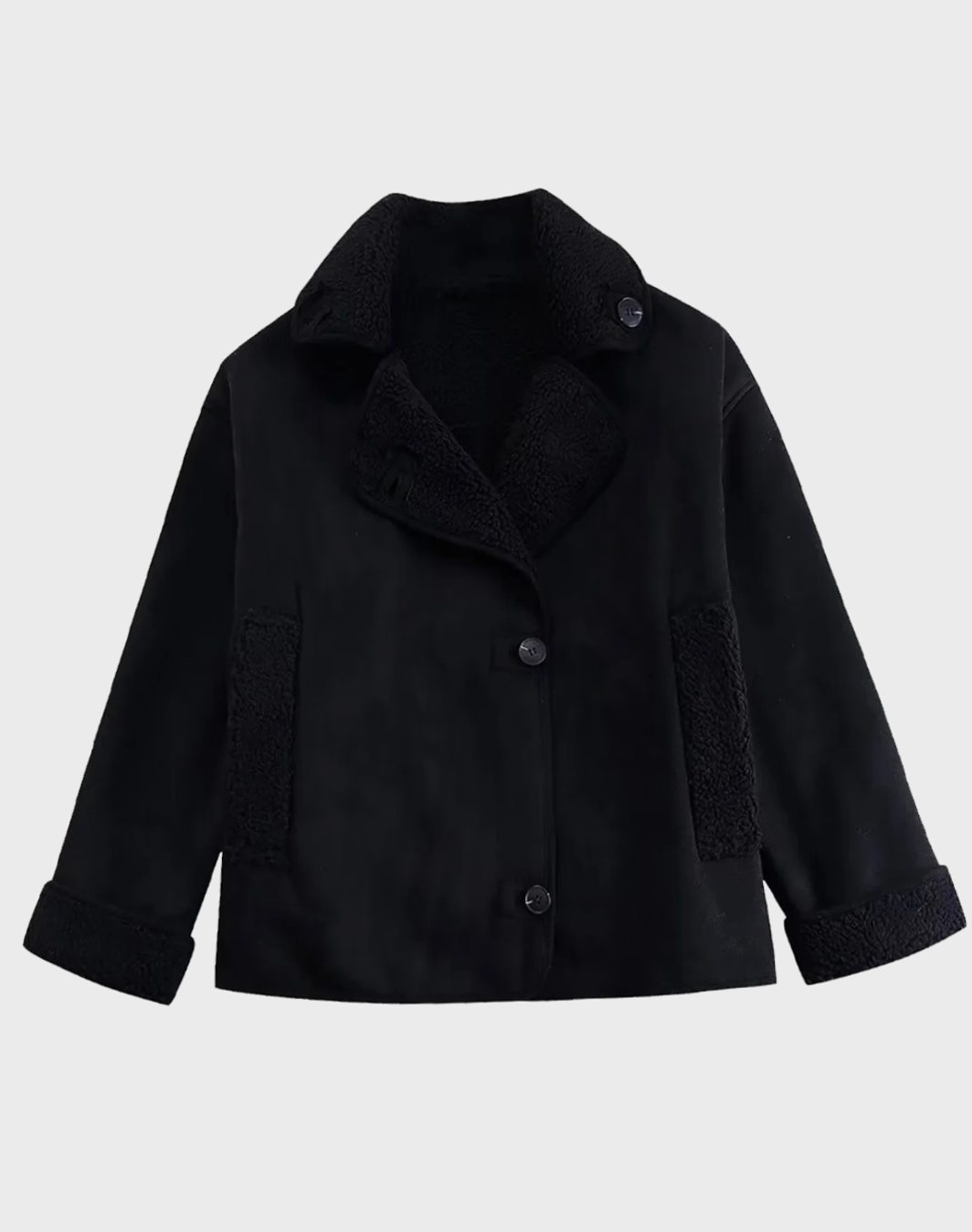 Women's faux suede biker jacket with sherpa collar and button front by Homixa, showing the stylish collar and front details.