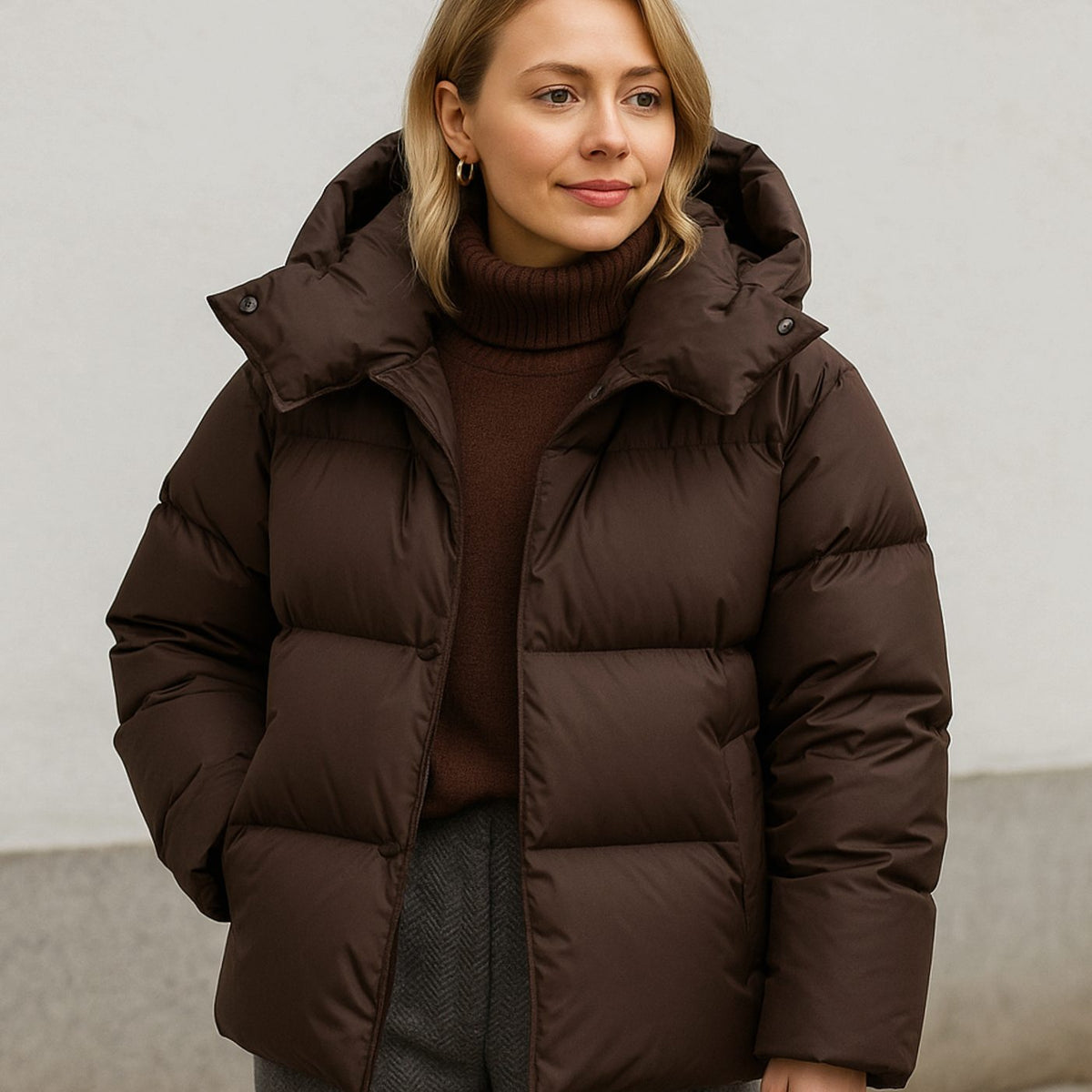 Women's Homixa quilted puffer winter jacket with stand collar and removable hood, featuring a boxy fit and quilted design.