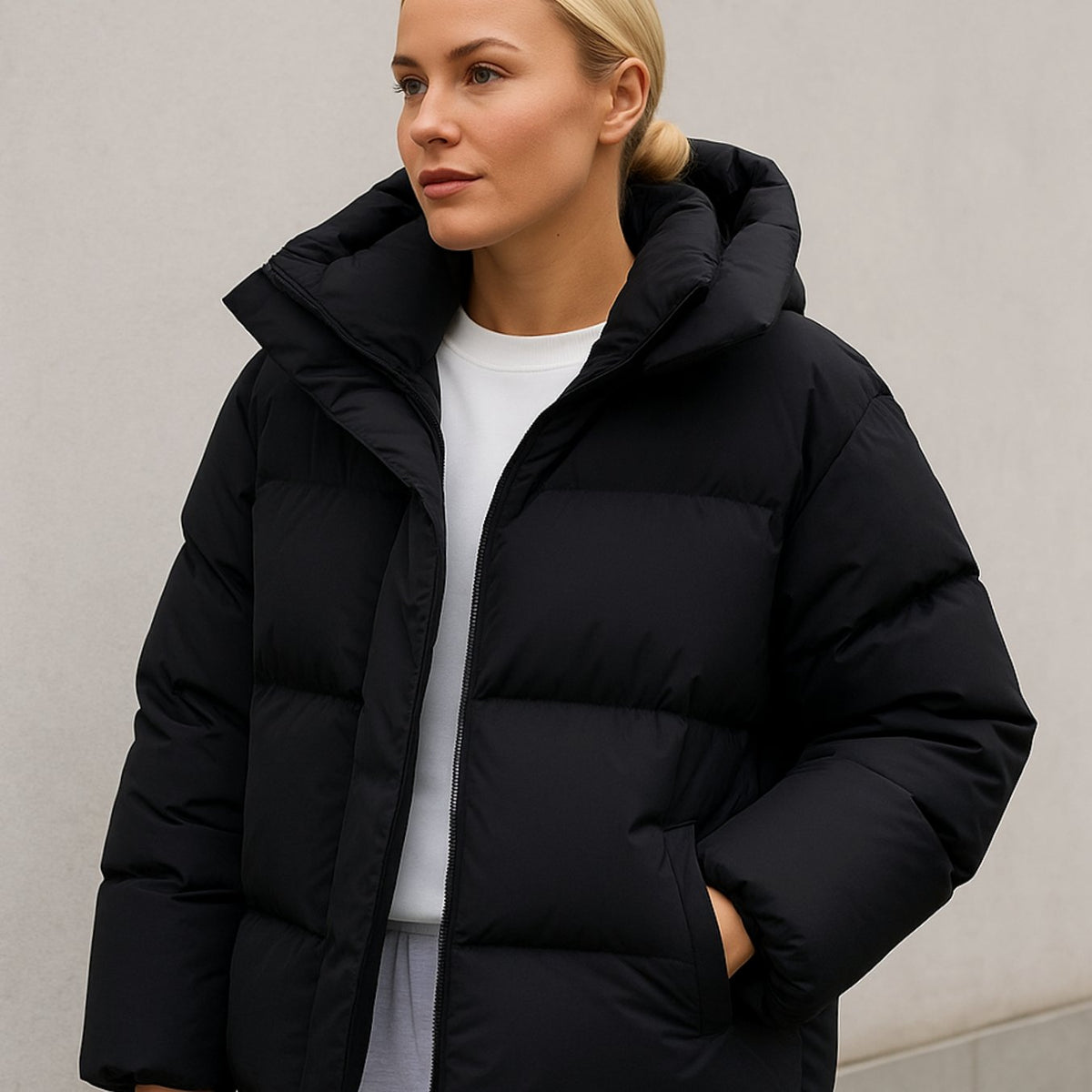 Women's Homixa quilted puffer winter jacket with stand collar and removable hood, showcasing its boxy fit and stylish design.