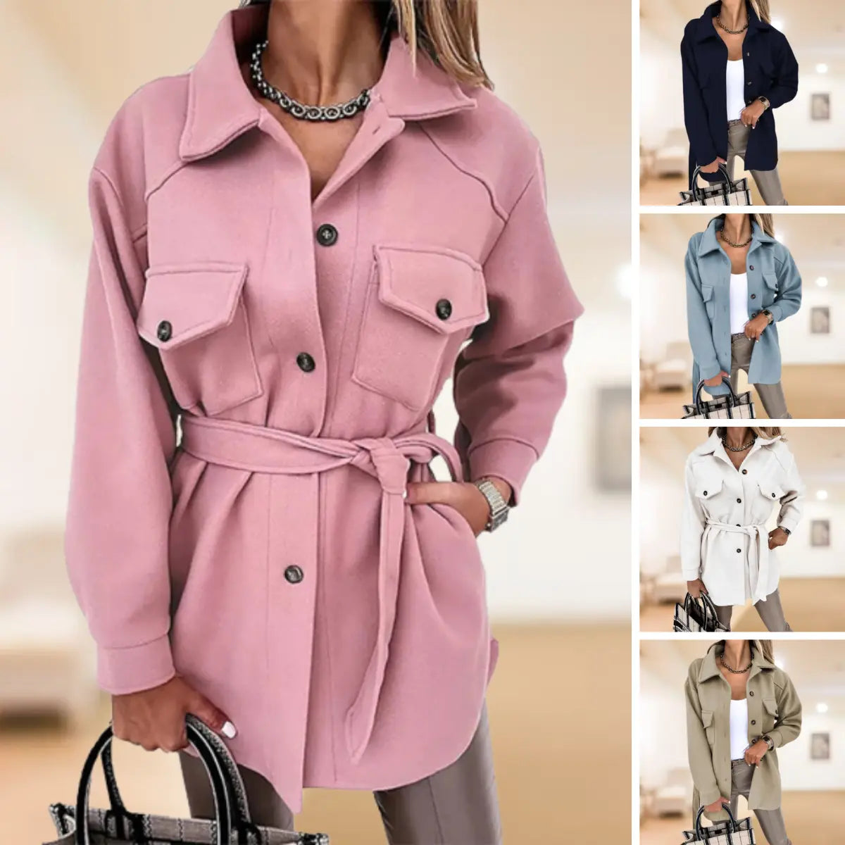 Women’s Homixa button-front shirt jacket with collared neck, long sleeves, and flap pockets, styled for casual wear.