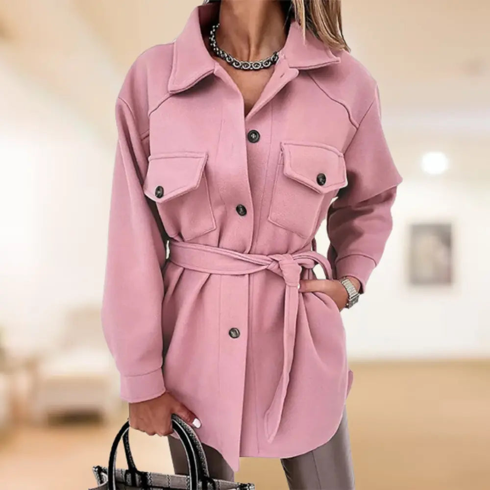 Women's Homixa shirt jacket with button front, collared neck, long sleeves, and flap pockets, perfect for casual layering.