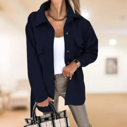 Homixa women's button-front shirt jacket with collared neck, long sleeves, and flap pockets, styled for casual wear.