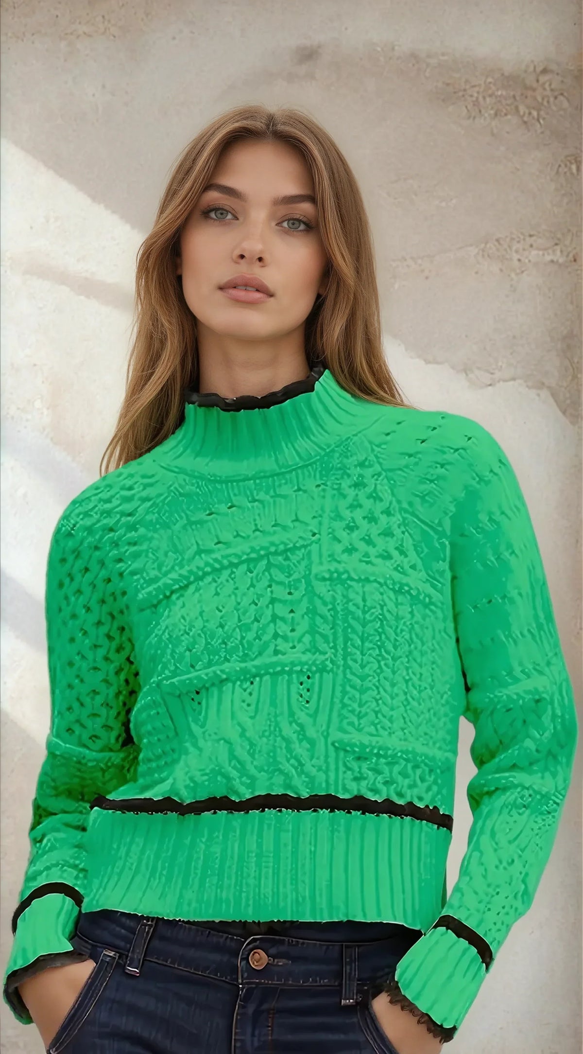 Women's cable-knit sweater by Homixa featuring a geometric pattern and black contrast trim, showcasing a cozy, stylish knit design.