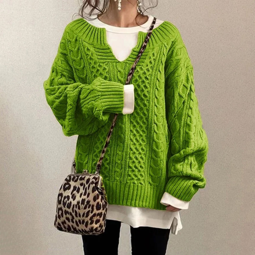 Homixa women's cable-knit sweater with notched neckline and wide ribbed cuffs, cozy knit sweater for casual wear