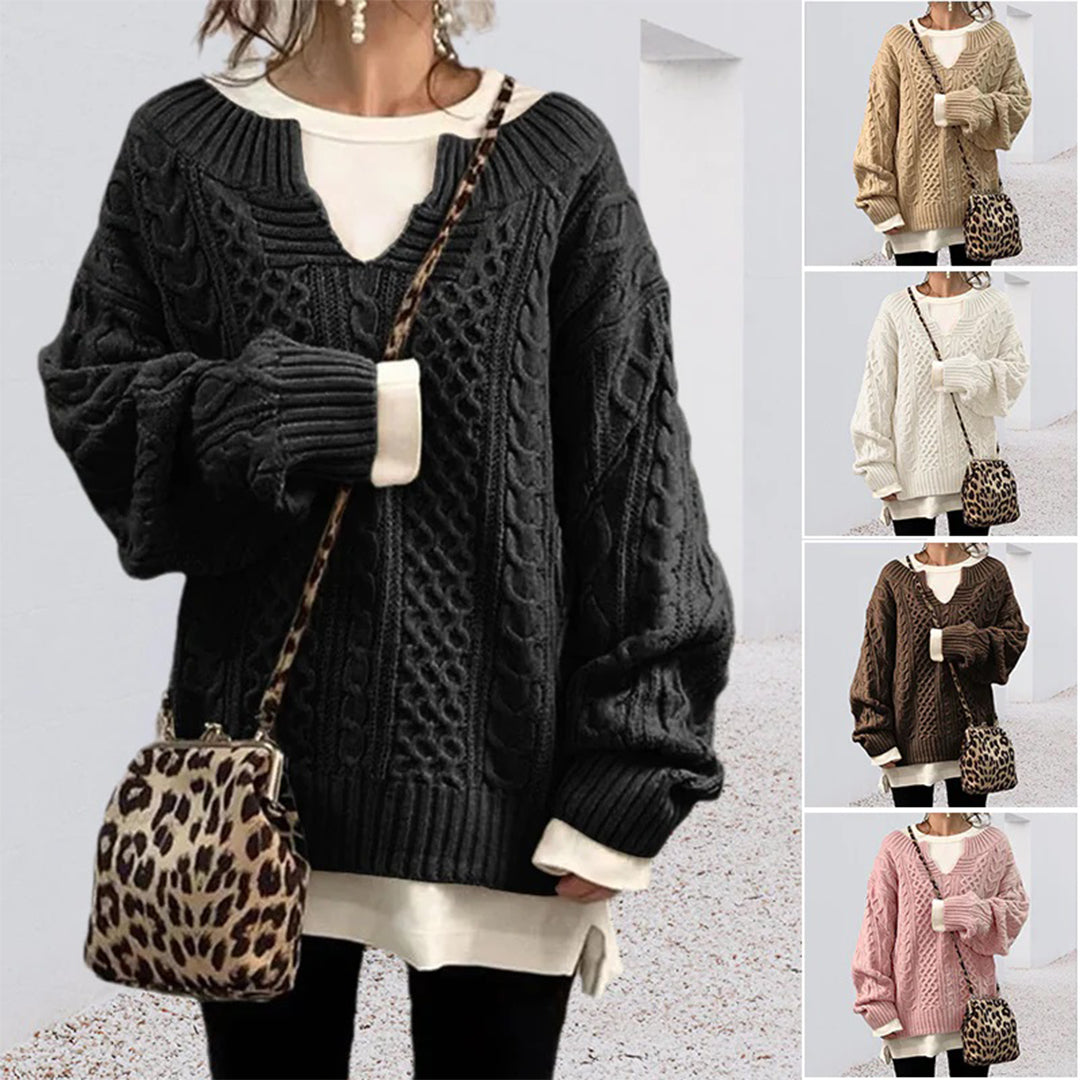 Homixa women's cable-knit sweater with notched neckline and wide ribbed cuffs, showcasing cozy knit texture and stylish design.