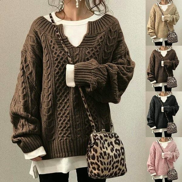 Homixa women's cable-knit sweater featuring a notched neckline and wide ribbed cuffs, displayed on a model.