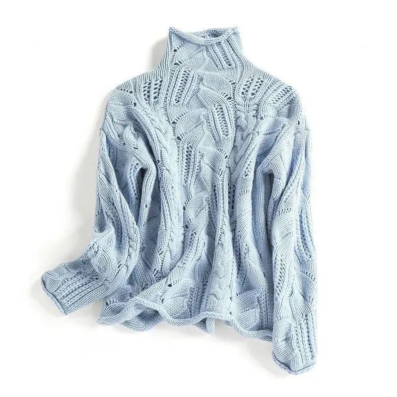 Women's cable-knit turtleneck sweater by Homixa with openwork design and ribbed cuffs, cozy and stylish for cold weather.