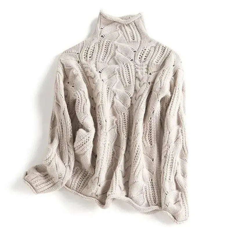 Homixa women's cable-knit turtleneck sweater with openwork detail and ribbed cuffs, cozy and stylish knitwear for women.
