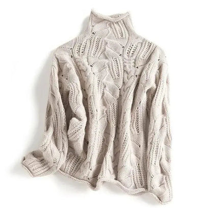 Homixa women's cable-knit turtleneck sweater with openwork detail and ribbed cuffs, cozy and stylish knitwear for women.