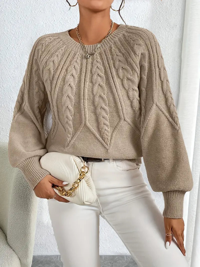 Homixa women's cable-knit sweater with balloon sleeves and soft-touch fabric, showcasing cozy, textured knit design.