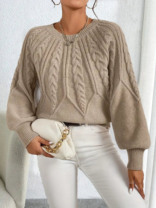 Homixa women's cable-knit sweater with balloon sleeves and soft-touch fabric, showcasing cozy, textured knit design.