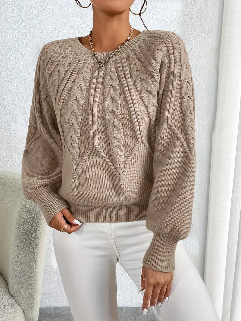 Women’s cable-pattern knit sweater by Homixa with balloon sleeves and soft-touch fabric, showcasing cozy and stylish design.