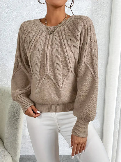 Women’s cable-pattern knit sweater by Homixa with balloon sleeves and soft-touch fabric, showcasing cozy and stylish design.